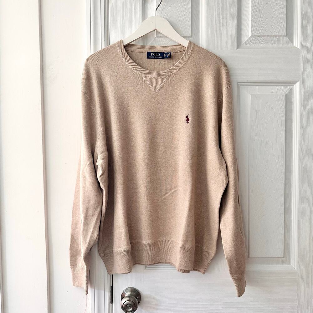 Polo Ralph Lauren NWOT Crewneck Mesh Knit Cotton Beige Sweater Knit Red Pony XL